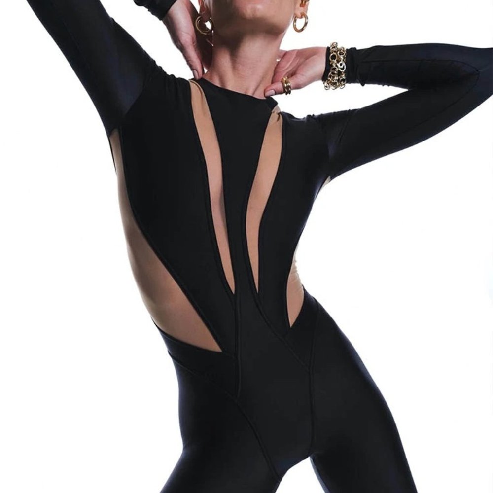 Women Black See through Sheer Mesh One piece Crew Neck Long Sleeve Jumpsuit, M